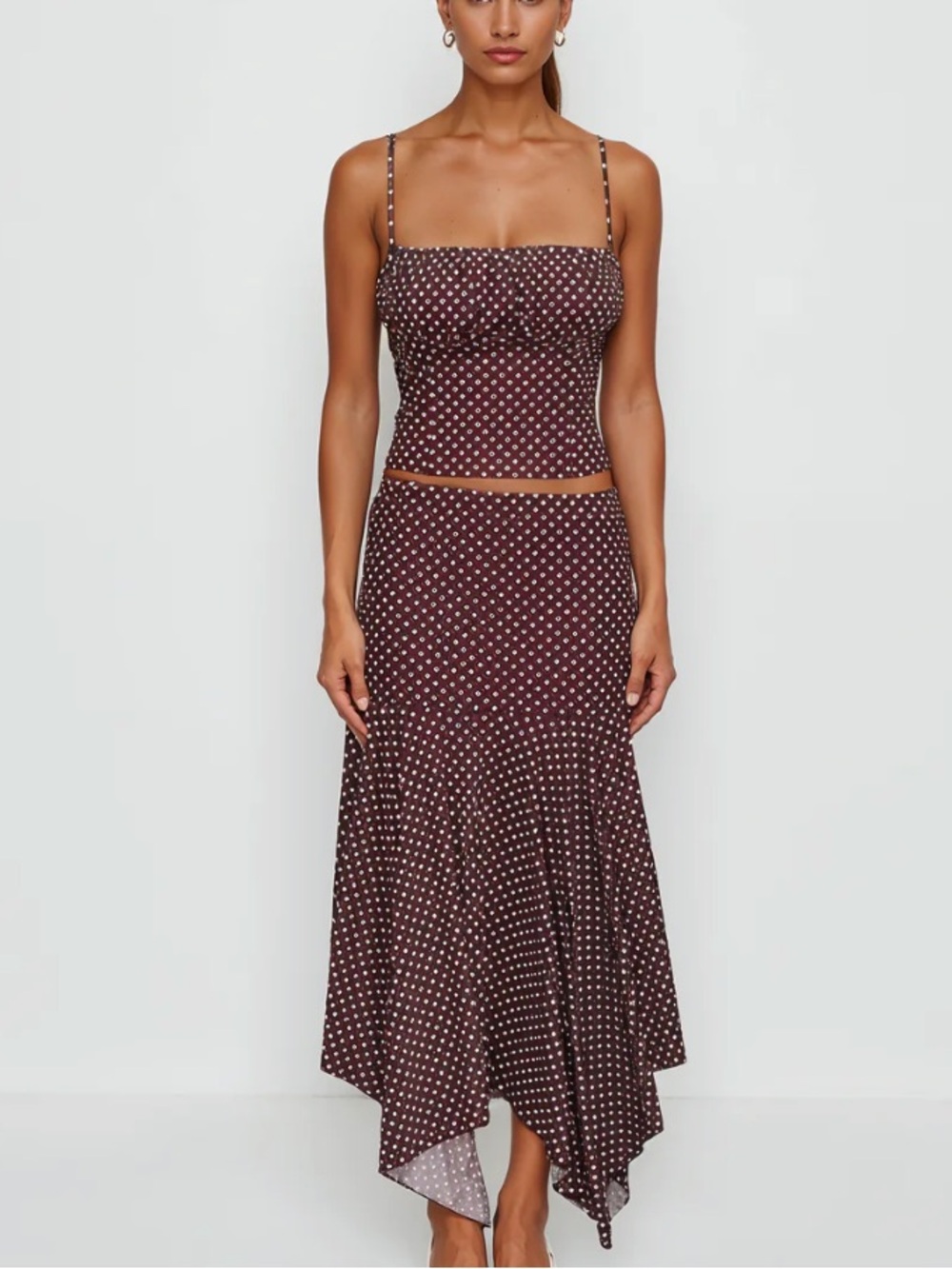 Charlie Suede Mira Dotted Two-Piece Set in Brown with White Dots